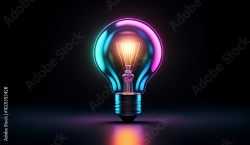 Iridescent holographic glowing lightbulb with copy space.