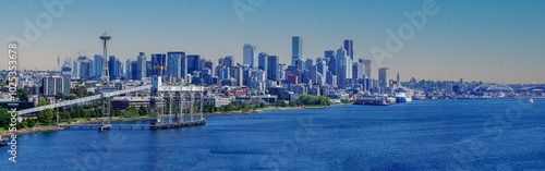 Panoramic view of Seattle and the downtown city skyscrapers from the Pacific Ocean