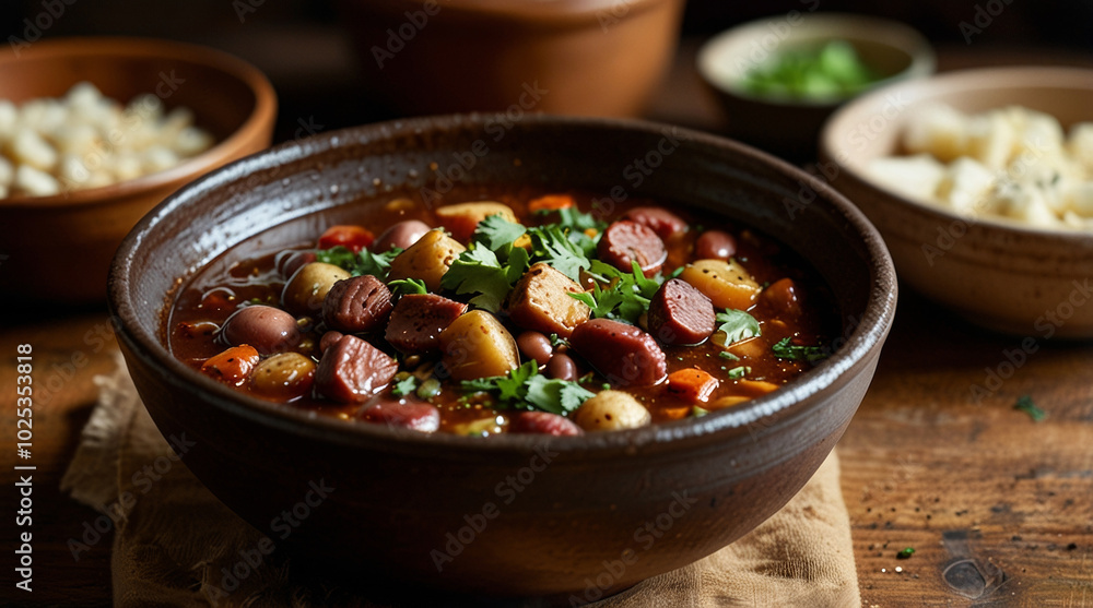 a rustic, earthenware bowl filled with a hearty bean stew. The bowl is round with a glossy, dark brown glaze, and it sits on a wooden surface a rustic, earthenware bowl filled with a hearty bean stew. The bowl is round with a glossy, dark brown glaze, and it sits on a wooden surface