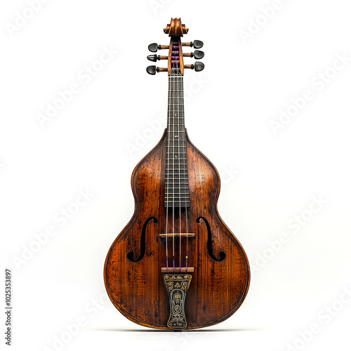 A vintage viola da gamba with a wooden body, six strings, and intricate carvings on the front.