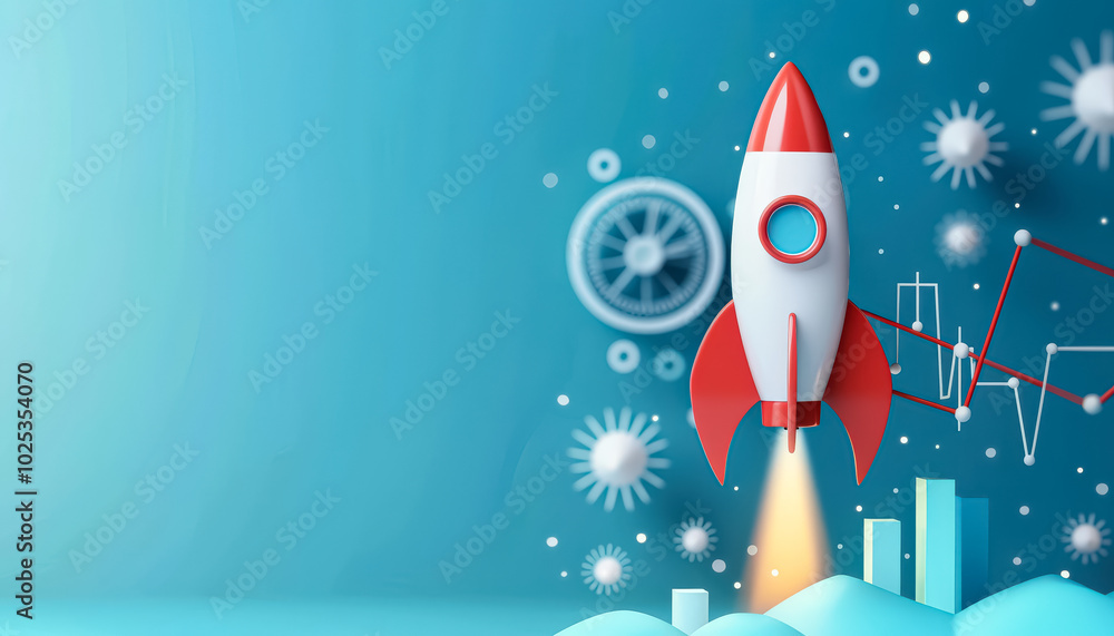 Rocket is flying through the sky with a blue background. The rocket is red and white and is surrounded by snowflakes. Concept of excitement and adventure Rocket is flying through the sky with a blue background. The rocket is red and white and is surrounded by snowflakes. Concept of excitement and adventure