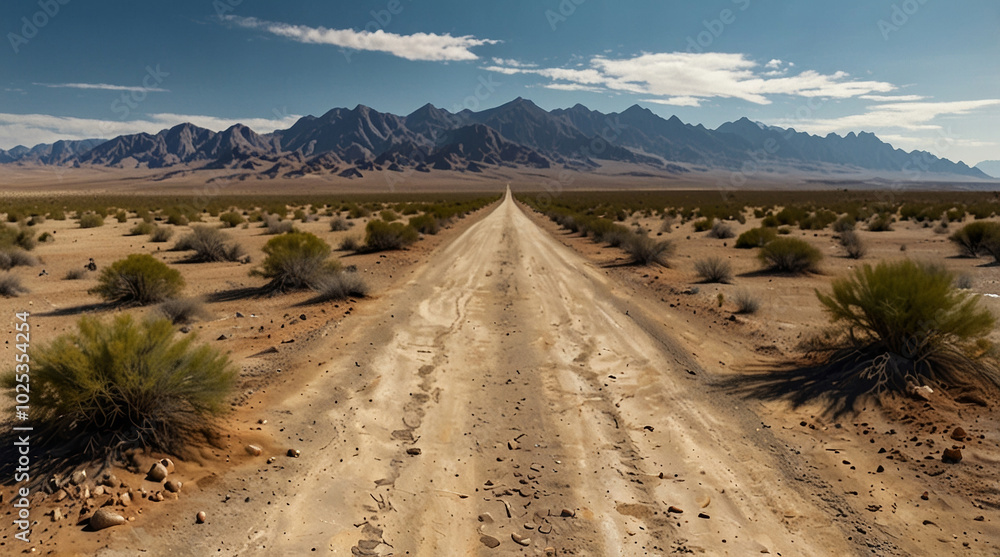 a Panoramic landscape photograph depicting a vast desert scene under a clear blue sky with scattered white clouds