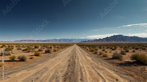 a Panoramic landscape photograph depicting a vast desert scene under a clear blue sky with scattered white clouds