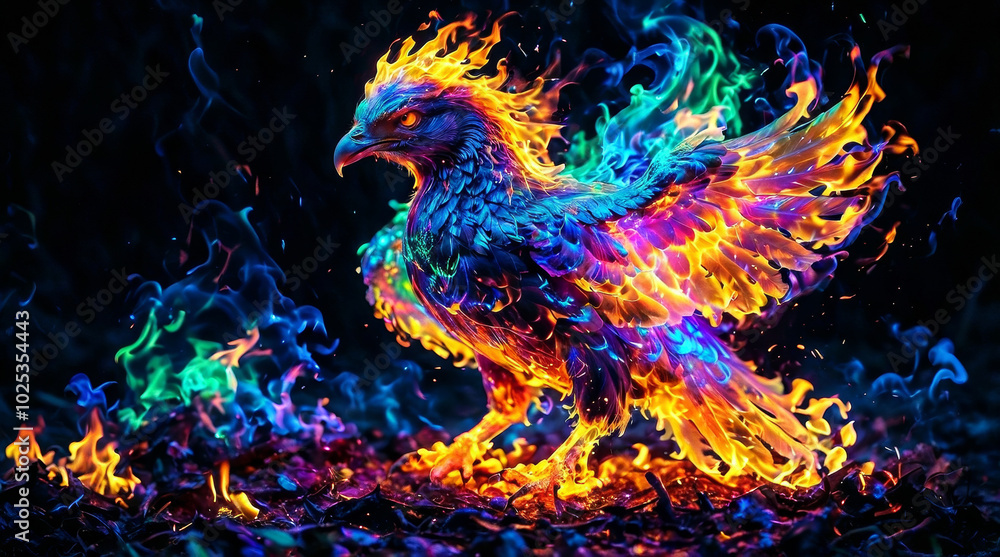 Obraz premium Mythical Phoenix bird rising from the ashes. Stunning, detailed face of Phoenix bird is made of glowing, iridescent feathers made of flames of the colours of orange, purple, blue, green colours