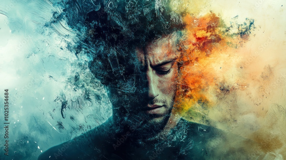 Artistic half-body portrait of a man with surreal elements, expressive background Artistic half-body portrait of a man with surreal elements, expressive background