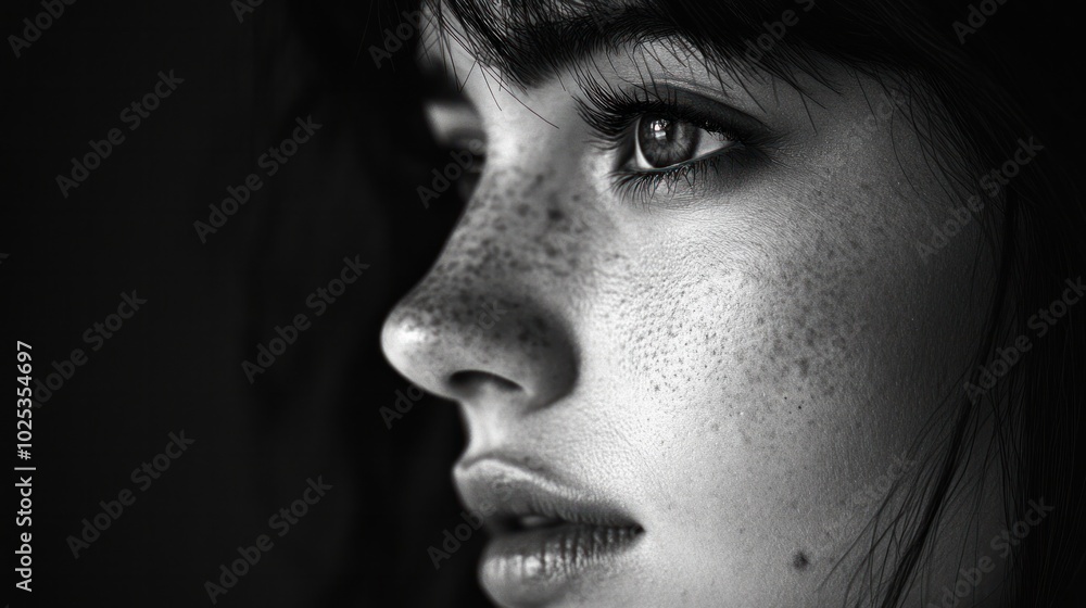 Black and white close-up of a woman face, soft lighting and sharp contrast Black and white close-up of a woman face, soft lighting and sharp contrast