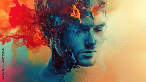 Artistic half-body portrait of a man with surreal elements, expressive background