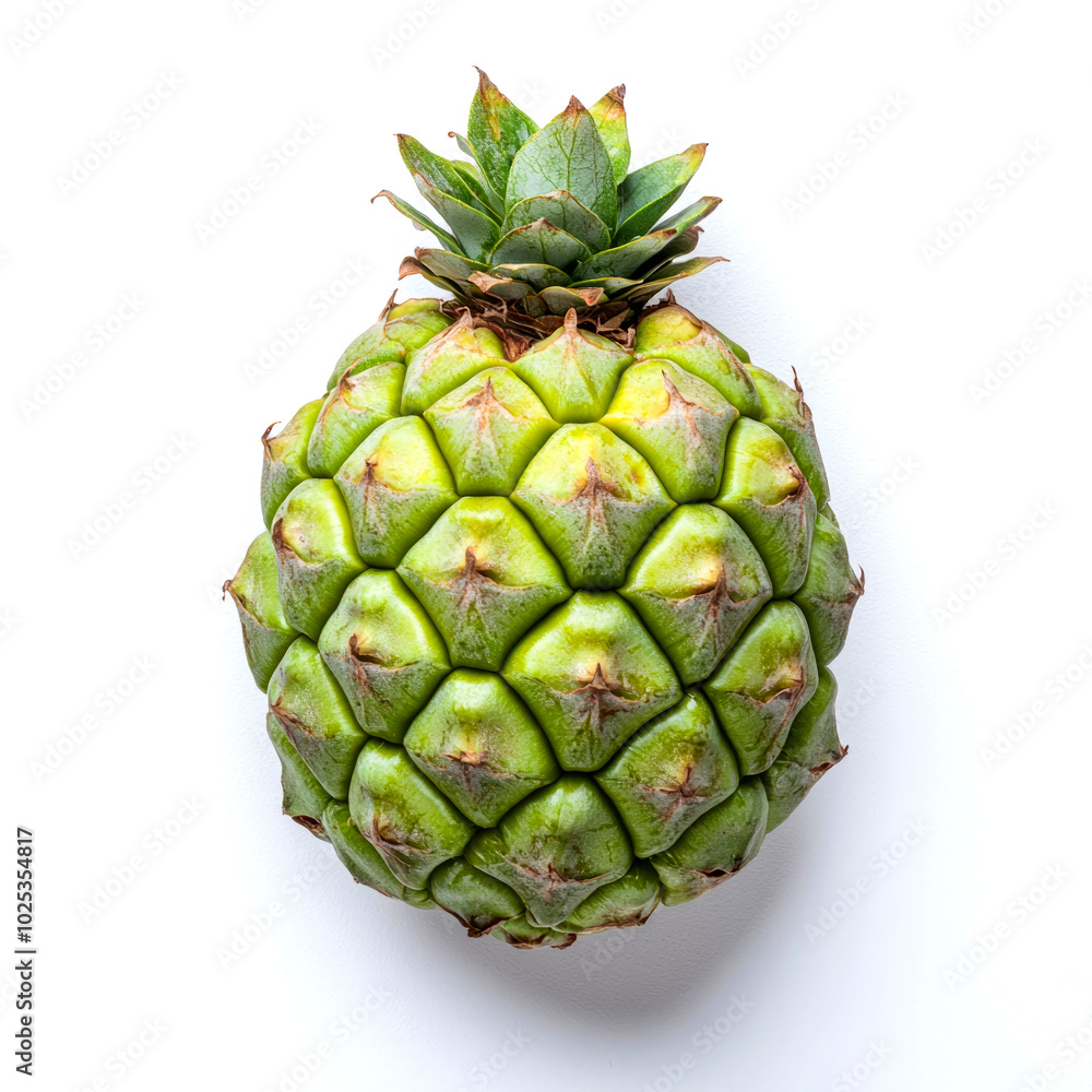 A whole, unripe pineapple isolated on a white background, viewed from above. A whole, unripe pineapple isolated on a white background, viewed from above.