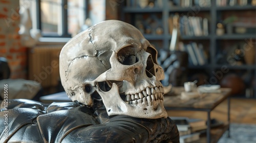 Human Skull Resting on a Leather Surface in a Room photo