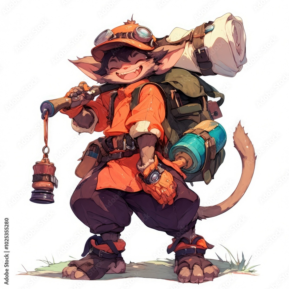 Fototapeta premium A cheerful character with a backpack and lantern, ready for an adventure in nature.