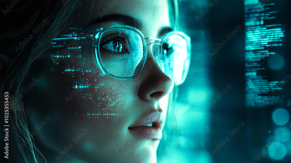 A young woman in glasses looks intently at a screen with glowing digital data. A young woman in glasses looks intently at a screen with glowing digital data.