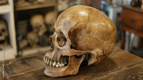 A Human Skull Resting on a Wooden Surface