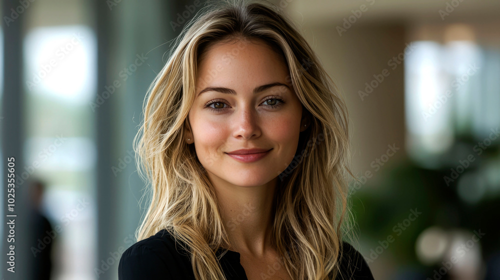 A young woman with long blonde hair smiles at the camera, in a professional setting. A young woman with long blonde hair smiles at the camera, in a professional setting.