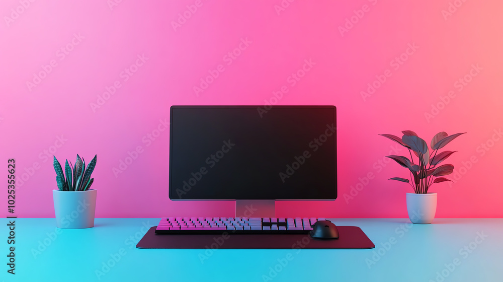 A modern computer setup featuring a monitor, keyboard, and mouse on a sleek desk, surrounded by green plants, against a vibrant pink and blue backdrop.