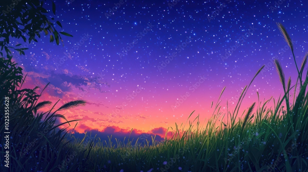 A Stunning Sunset Sky With Sparkling Stars and Vibrant Colors Over a Field of Grass A Stunning Sunset Sky With Sparkling Stars and Vibrant Colors Over a Field of Grass