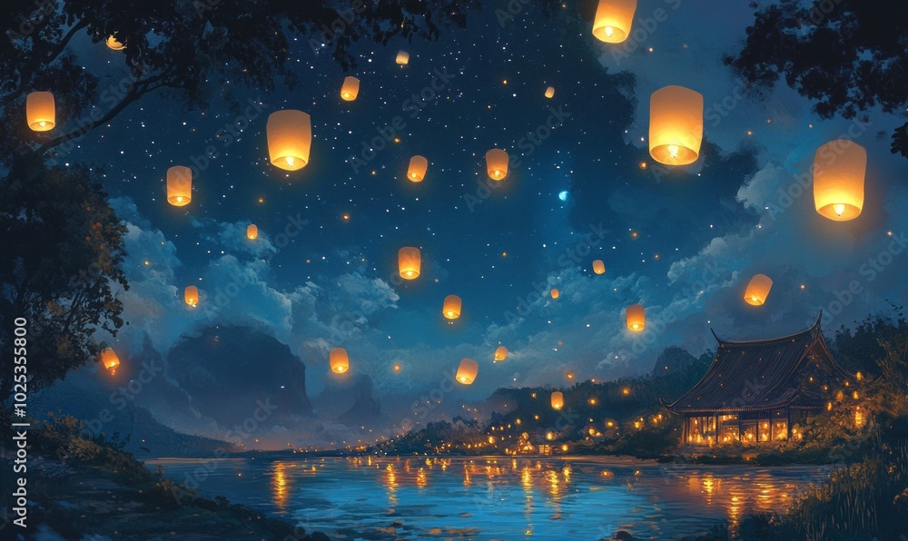 Night sky filled with glowing floating lanterns Night sky filled with glowing floating lanterns