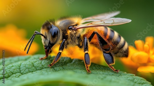 Close-up of a Bee on a Leaf with Vibrant Yellow Flowers Background