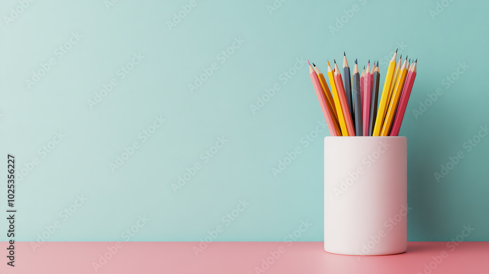 Fototapeta premium A vibrant collection of colored pencils arranged in a white cup, set against a minimalistic pastel background, perfect for creativity and art.