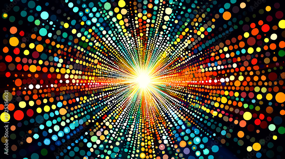 Obraz premium Abstract colorful dotted background with bright light in the center.