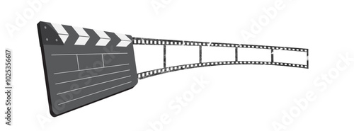 3d clapboard, 5 frames retro 35mm filmstrip vector design isolated on white. Film reel movie production icon illustration to use for film industry, motion picture, entertainment, cinema, film project.