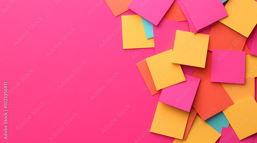 Colorful sticky notes in vibrant shades scattered over a pink background, ideal for brainstorming and creativity concepts, organized chaos of ideas. Colorful sticky notes in vibrant shades scattered over a pink background, ideal for brainstorming and creativity concepts, organized chaos of ideas.