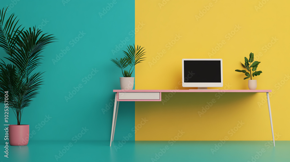 Modern workspace with a minimalistic desk, laptop, and vibrant teal and yellow walls, creating an inspiring and stylish home office atmosphere. Modern workspace with a minimalistic desk, laptop, and vibrant teal and yellow walls, creating an inspiring and stylish home office atmosphere.