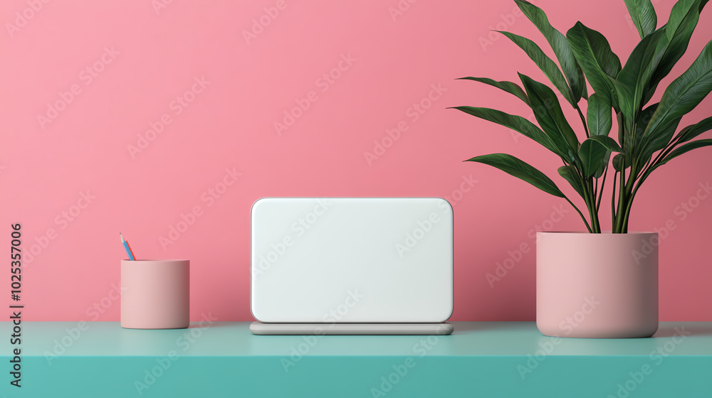 Modern workspace with a minimalist design featuring a white device, a pen holder, and a stylish green plant against a pink background. Modern workspace with a minimalist design featuring a white device, a pen holder, and a stylish green plant against a pink background.