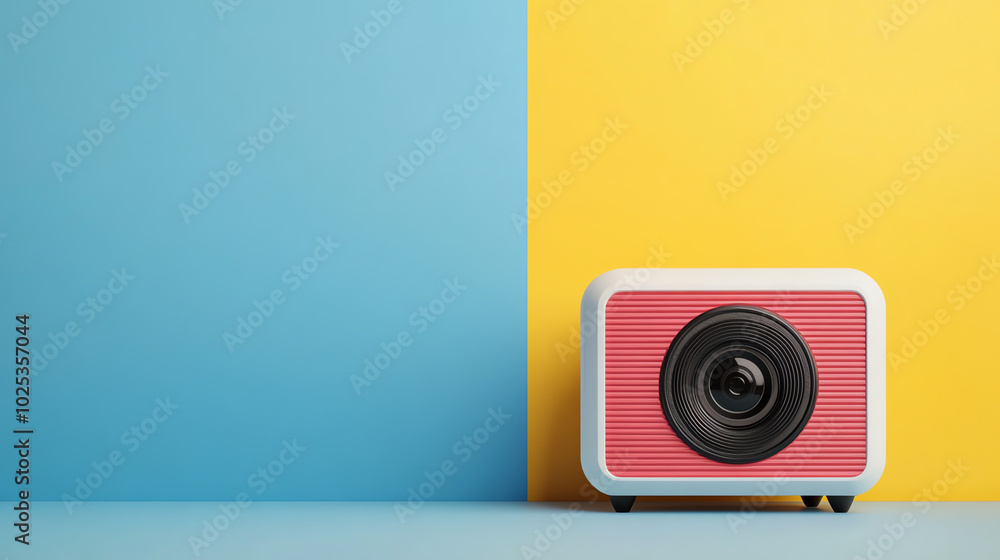 Retro-style projector on a vibrant blue and yellow background, perfect for creative projects and showcasing vintage aesthetics.