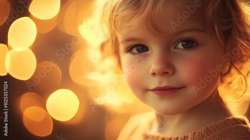 Half-body close-up portrait of a child with a warm, glowing background