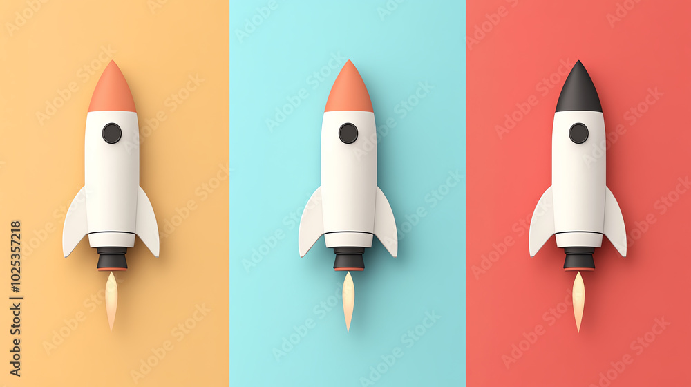 Three stylish rocket models on vibrant backgrounds showcasing innovation and creativity in design. Three stylish rocket models on vibrant backgrounds showcasing innovation and creativity in design.