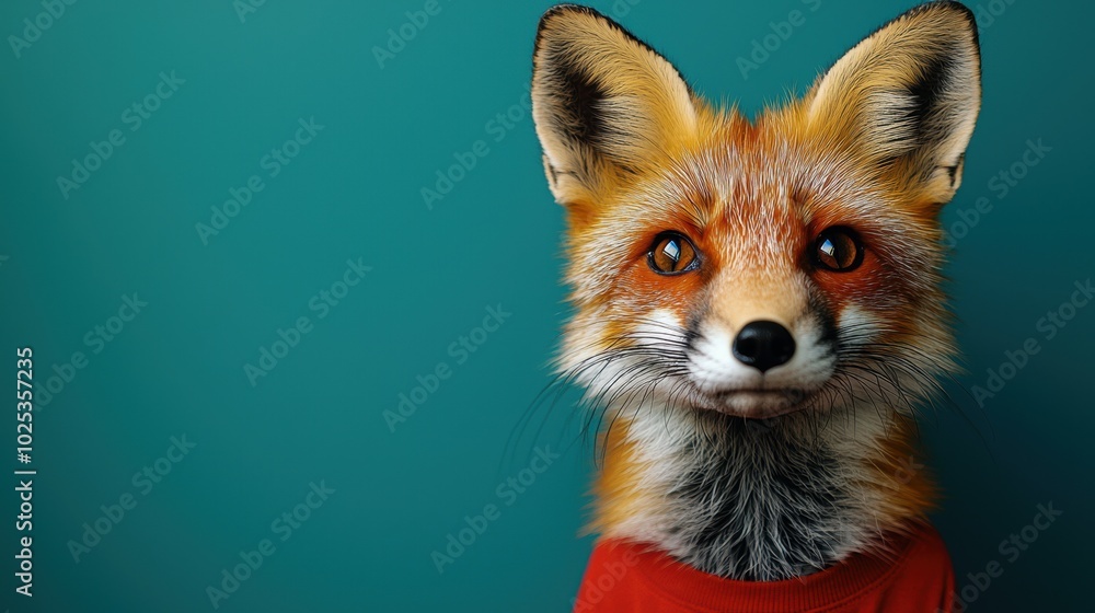 This image features a realistic fox with vibrant orange fur wearing a red t-shirt, set against a teal background.
