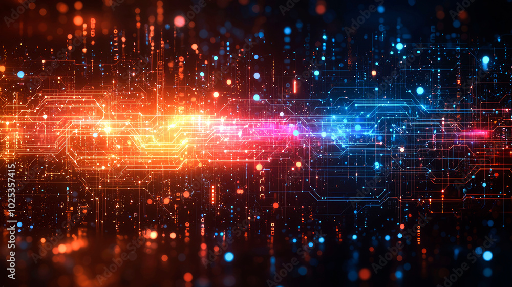 Obraz premium Abstract digital background with glowing lines and particles in red, orange, blue, and white.