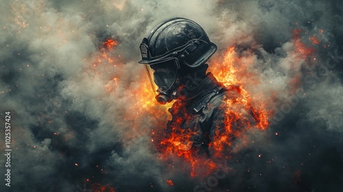 portrait of a firefighter in action, smoke and flames around