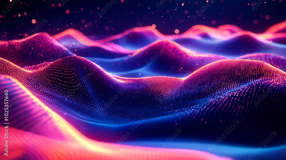 Fototapeta premium Abstract digital landscape with glowing lines and particles in pink, blue, and orange.