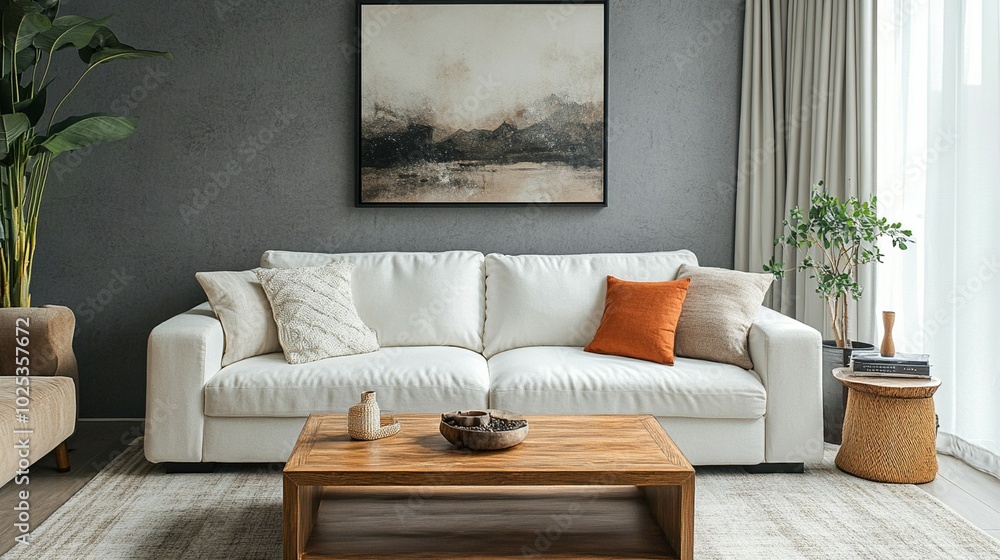 Stylish minimalist living room showcasing modern decor and captivating artwork on the wall. Stylish minimalist living room showcasing modern decor and captivating artwork on the wall.