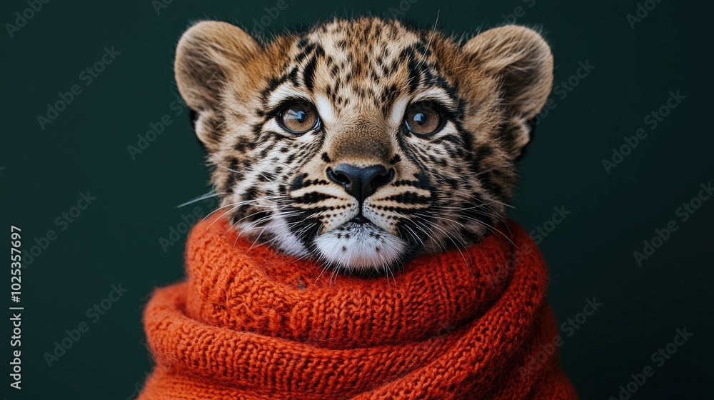 Fototapeta premium A close-up of an adorable leopard cub wrapped in a vibrant orange sweater, displaying expressive eyes and a captivating face, making for a heartwarming scene.