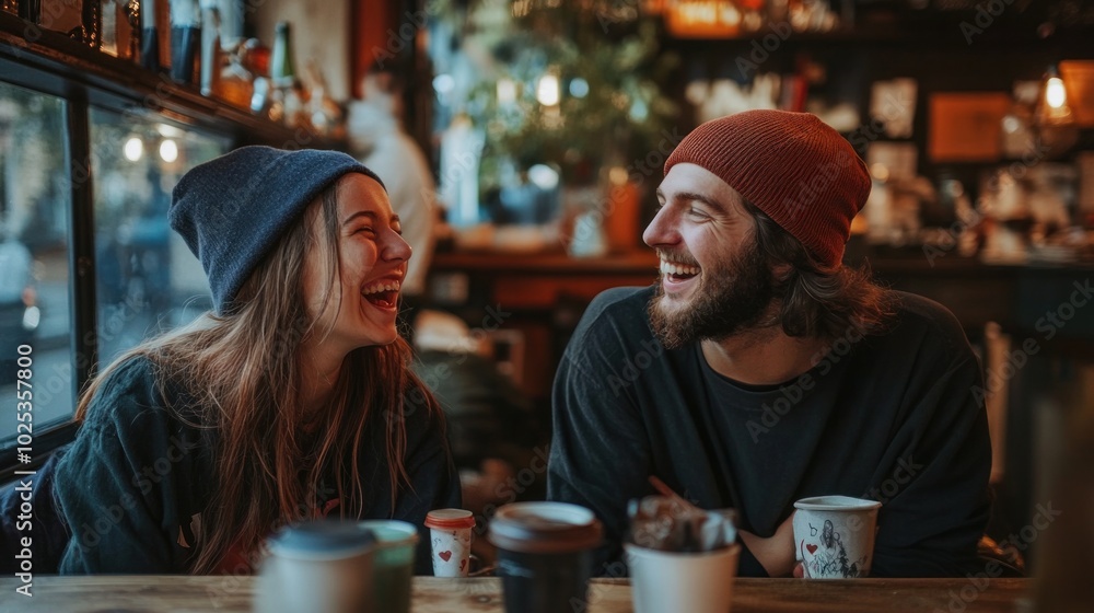 Two friends laughing together in a cozy cafe, enjoying the simplicity of platonic love Two friends laughing together in a cozy cafe, enjoying the simplicity of platonic love