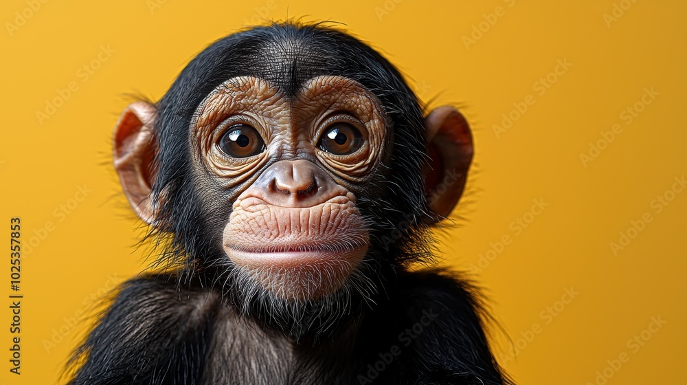 A close-up portrait of a young chimpanzee against a vibrant yellow background. The chimp's large expressive eyes and slight smile create an engaging image.