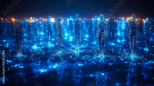 Abstract digital representation of a crowd of people made of glowing lines and dots on a dark blue background.