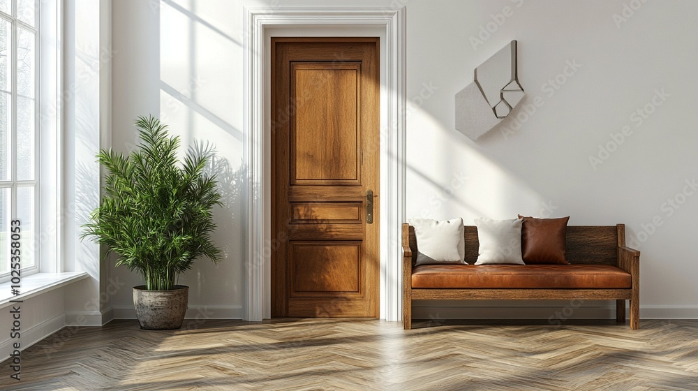 © BISO - A bright white room featuring a wooden bench with a brown leather cushion, showcasing Scandinavian interior design.