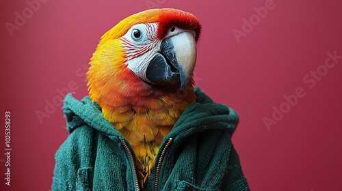 A vibrant parrot wears a green hoodie against a pink background. The bird displays bright colors, showcasing its unique characteristics in a creative and humorous way. photo