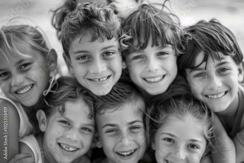 Group of children smiling at camera. Black and white image. Selective focus.