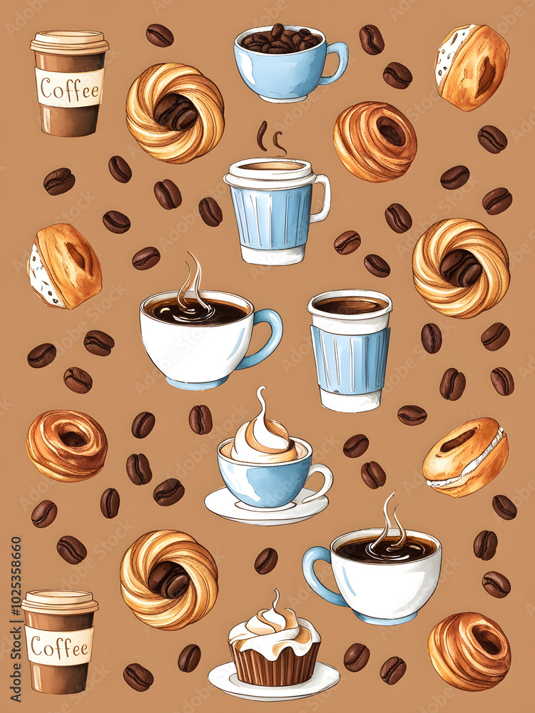 Obraz premium Delightful coffee and pastry pattern featuring various cups, donuts, and aromatic coffee beans on a warm background