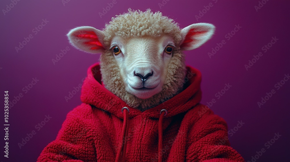 A surreal image featuring a sheep with a fluffy face and wearing a bright red hoodie, set against a purple background. It showcases creativity and fantasy. A surreal image featuring a sheep with a fluffy face and wearing a bright red hoodie, set against a purple background. It showcases creativity and fantasy.