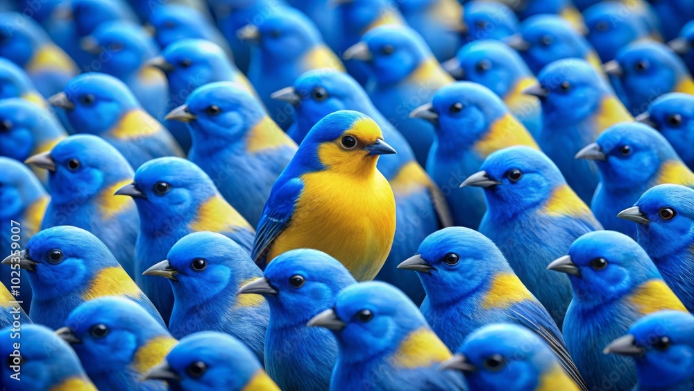 Obraz premium A single yellow bird stands out from the crowd of blue birds. A concept of individuality.