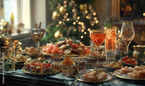 New Year's Eve party table with a variety of appetizers, cocktails, and a centerpiece of golden decorations, ready for the celebration