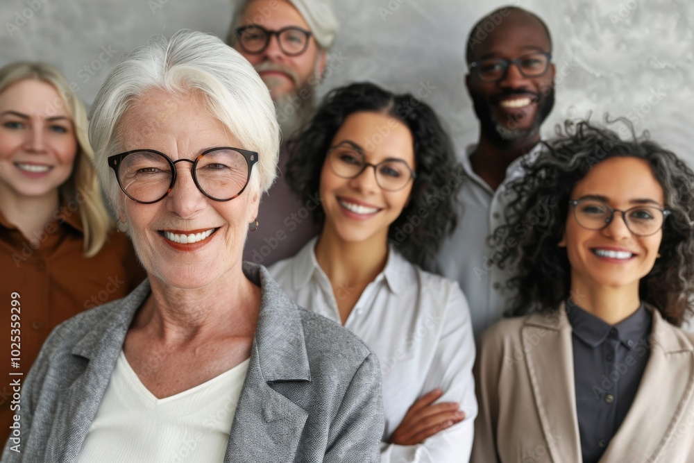 Portrait of smiling senior businesswoman in front of her team. Portrait of smiling senior businesswoman in front of her team.