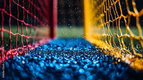 Close up of a soccer goal with rain drops on the artificial grass. photo