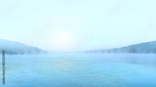 A misty morning over a calm lake with a sunlit sky, the water reflecting the light.