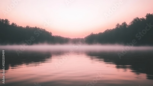 Wallpaper Mural A misty lake at sunrise, with a pink sky and silhouetted trees in the background. Torontodigital.ca